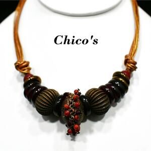 Chico’s Copper Leather Necklace Red Brown Beads Fringe Detail 5 Strands